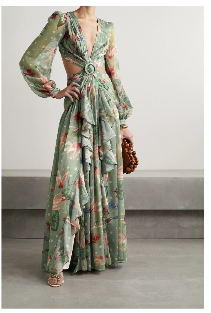 Sultry Elegance: Lace V-Neck Lantern Sleeve Long Dress