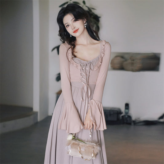 Retro Gentle Elegant Style Dress Knitted Square Collar Suspender Dress