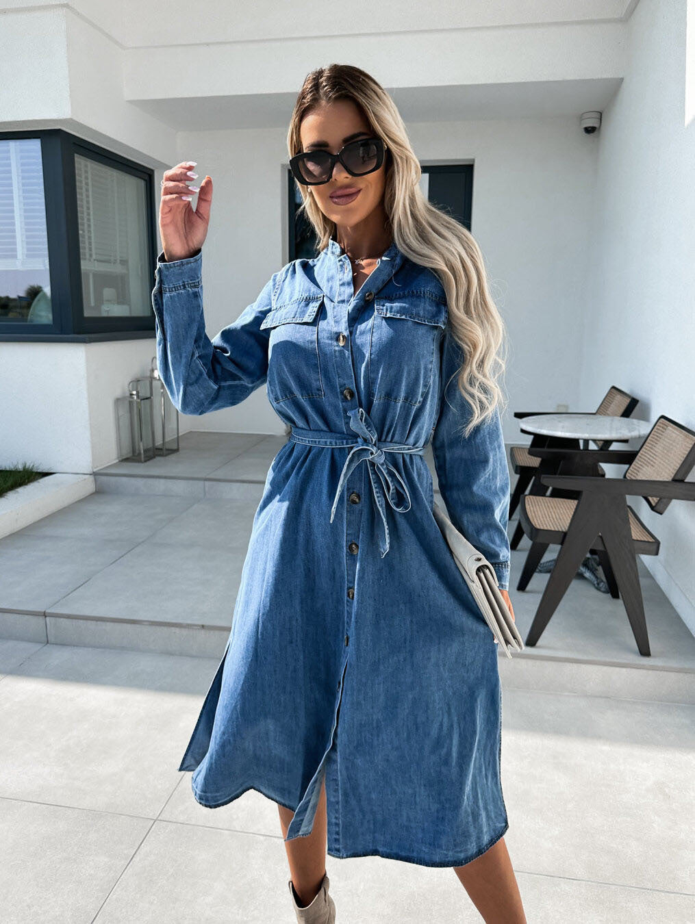 Women's Casual Polo Collar Waist-controlled Lace-up Anti-denim Dress