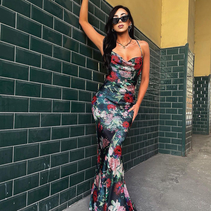 Elegant Black Floral Chinese Style High-Waisted Sling Dress