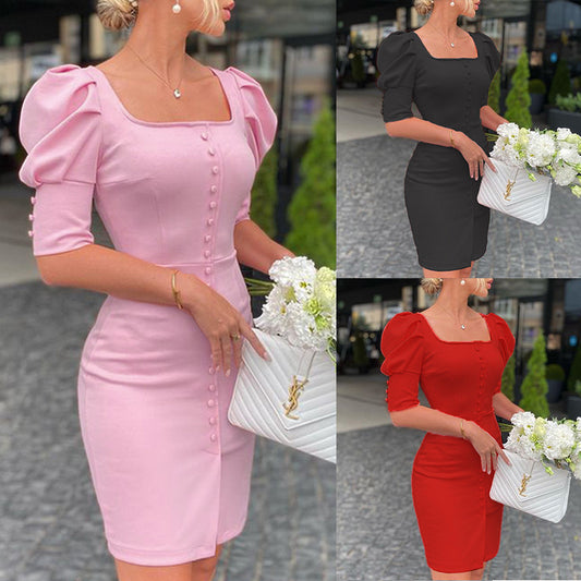 Fashion Square Collar Half Sleeve Puff Sleeve Dress