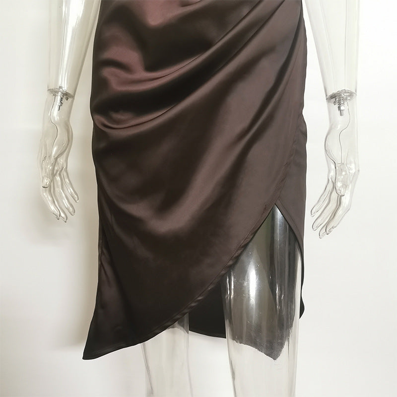 Silk Satin Deep V Sexy Sling Cocktail Dress Waist Mid-Length Party Dress