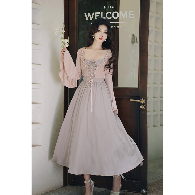 Retro Gentle Elegant Style Dress Knitted Square Collar Suspender Dress