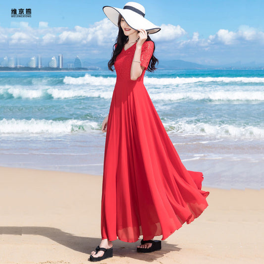 Mid-length White Short-sleeved Lace Dress