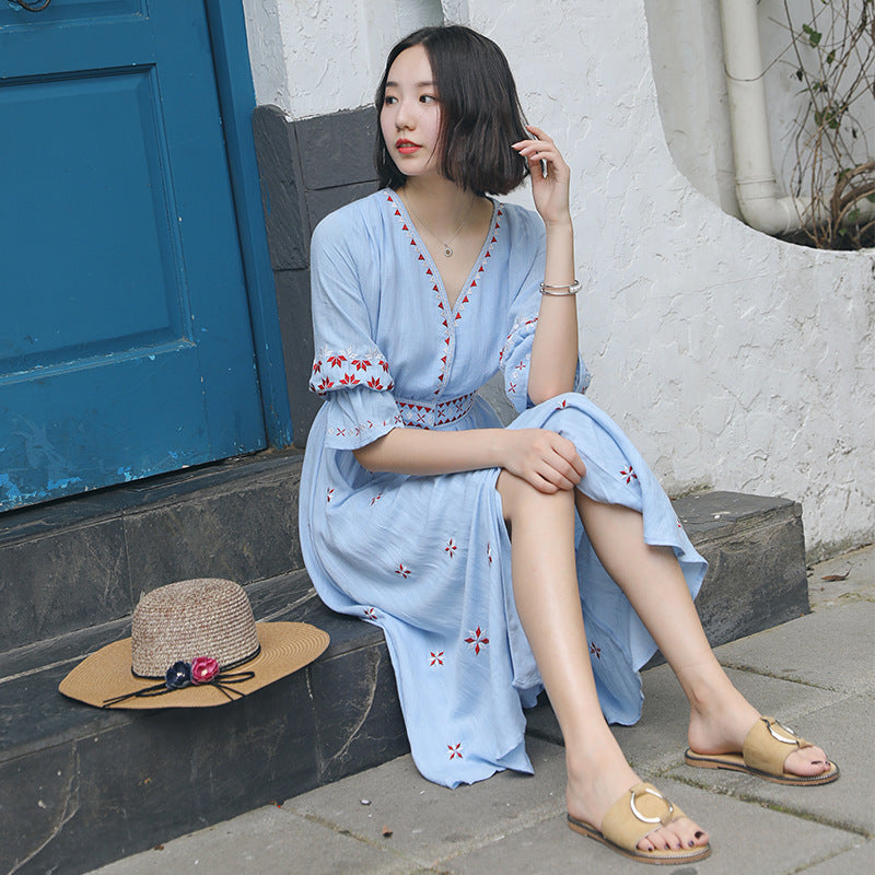 Ethnic Boho Embroidered Dress Women's Beach