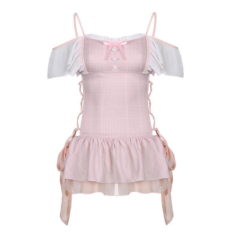 Fantasy Girl Plaid Strap Off-the-shoulder Dress