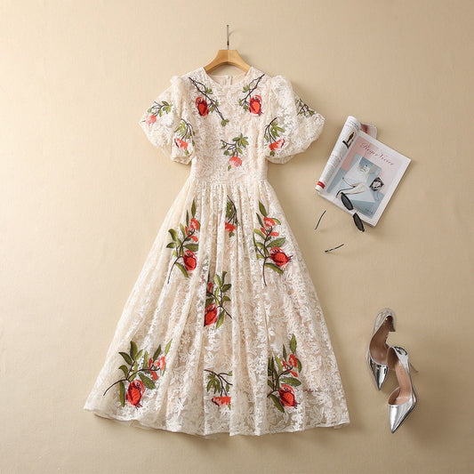 Round Neck Lantern Sleeve Lace Dress