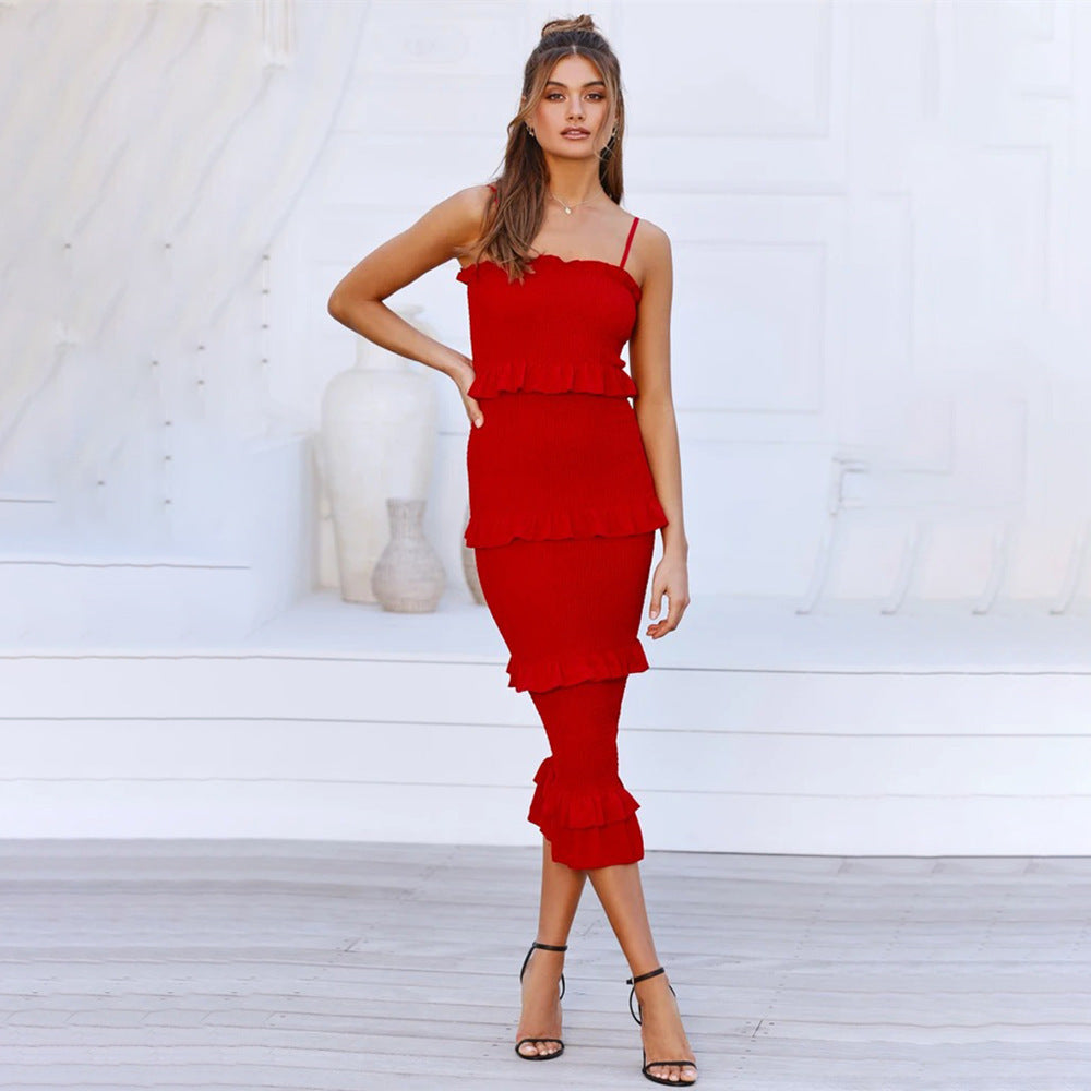Elegant Spaghetti Strap Pleated Cake Maxi Dress
