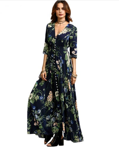 new women's European and American explosion models ethnic style printing retro bohemian big dress dress long skirt