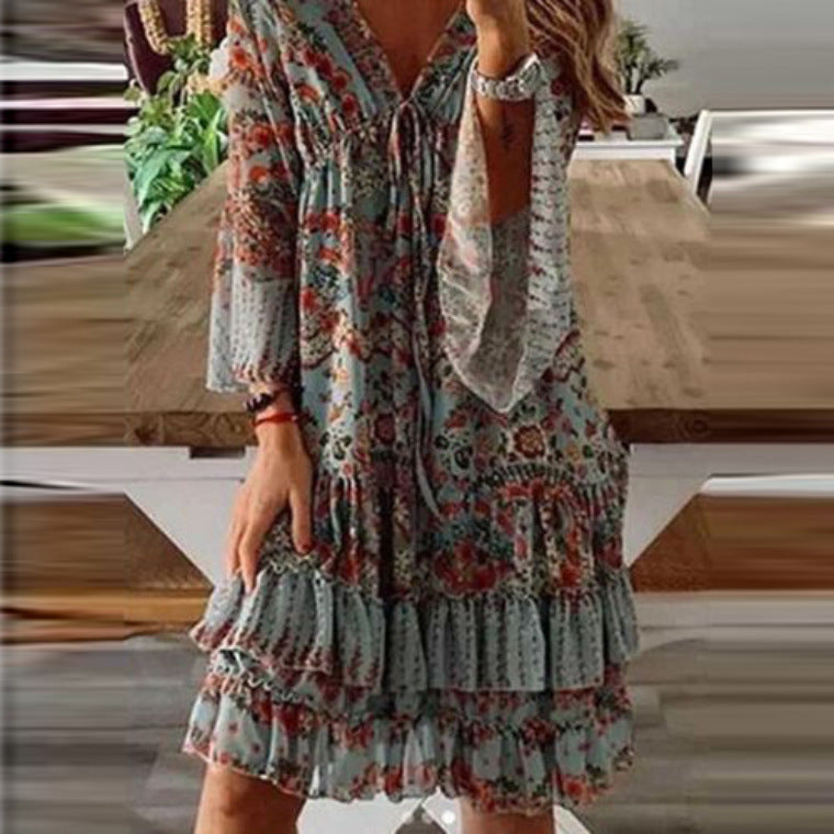 Dress Fashion Printed Cotton Mid-Waist Blue Dress