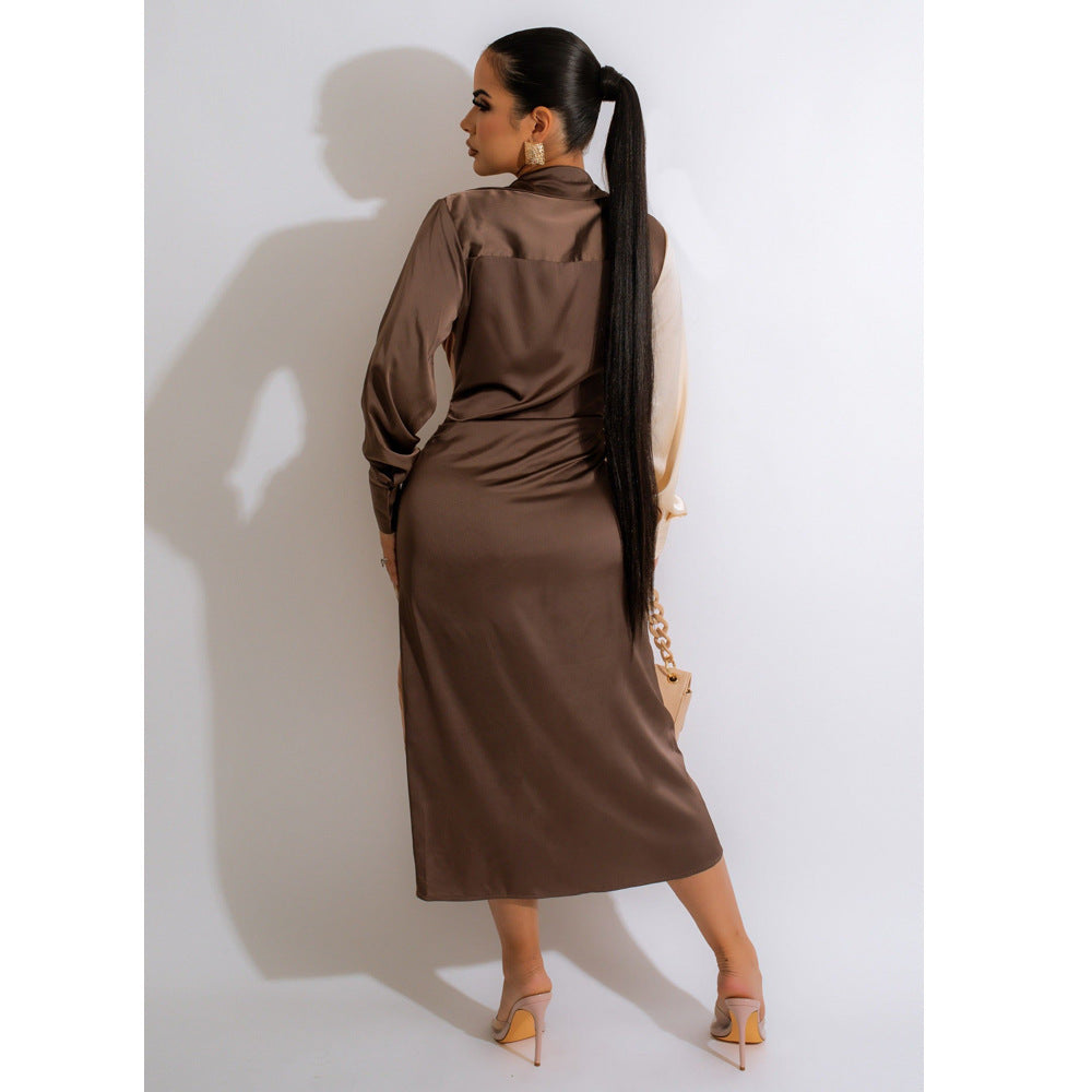 Women's Stitching Strap V-neck Long-sleeve Dress