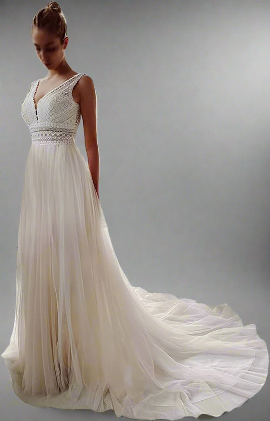 Endless Elegance Boho Beach Wedding Gown - Lace See-Through Waist Slimming Outdoor Mesh Bridal Dress