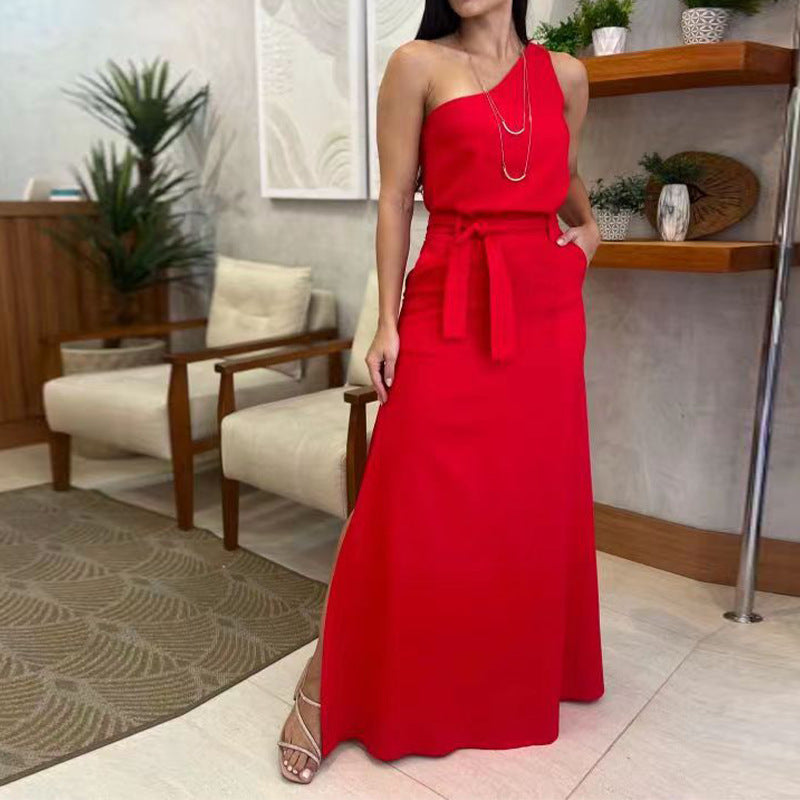 Fashion Solid Color Diagonal Collar Sleeveless High Waist Skirt Suit