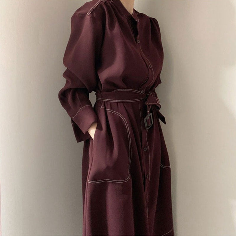 Women's long-sleeved shirt skirt with lace-up waist slimming