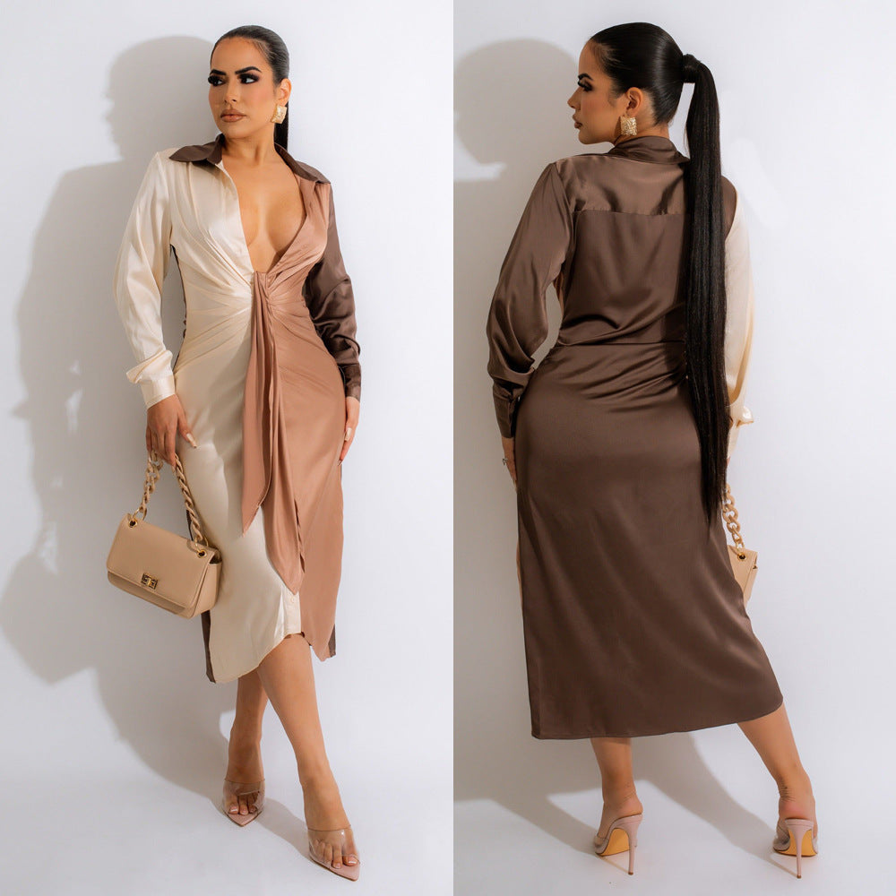 Women's Stitching Strap V-neck Long-sleeve Dress
