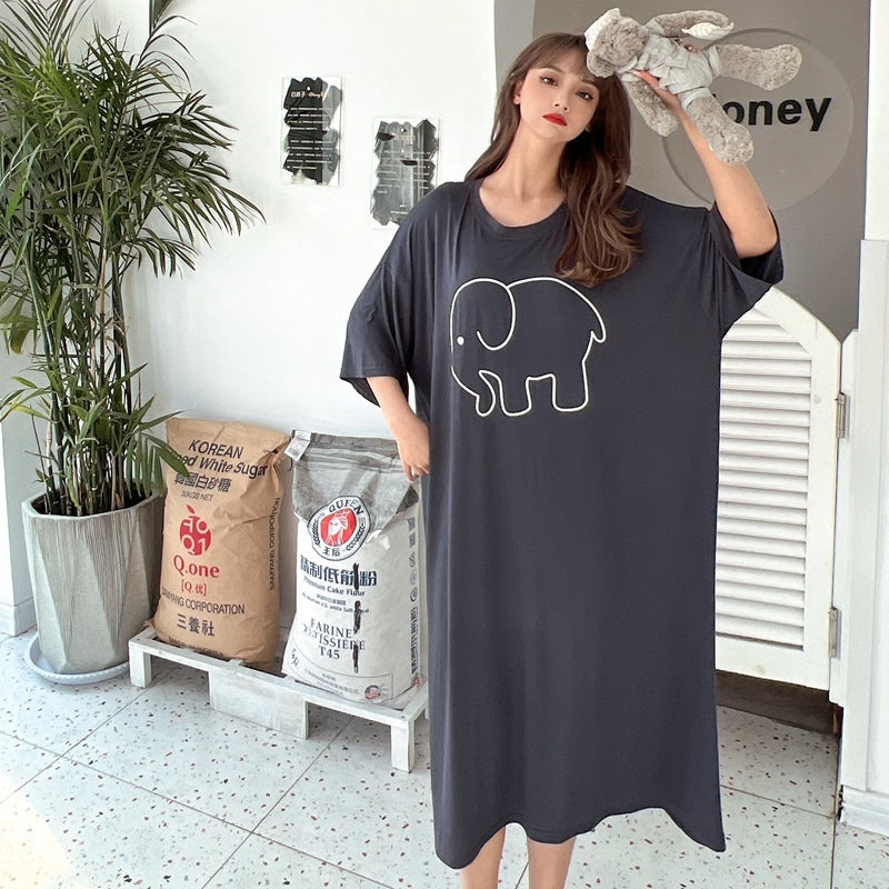 Mid Length Modal Print Dress Loose Nightdress