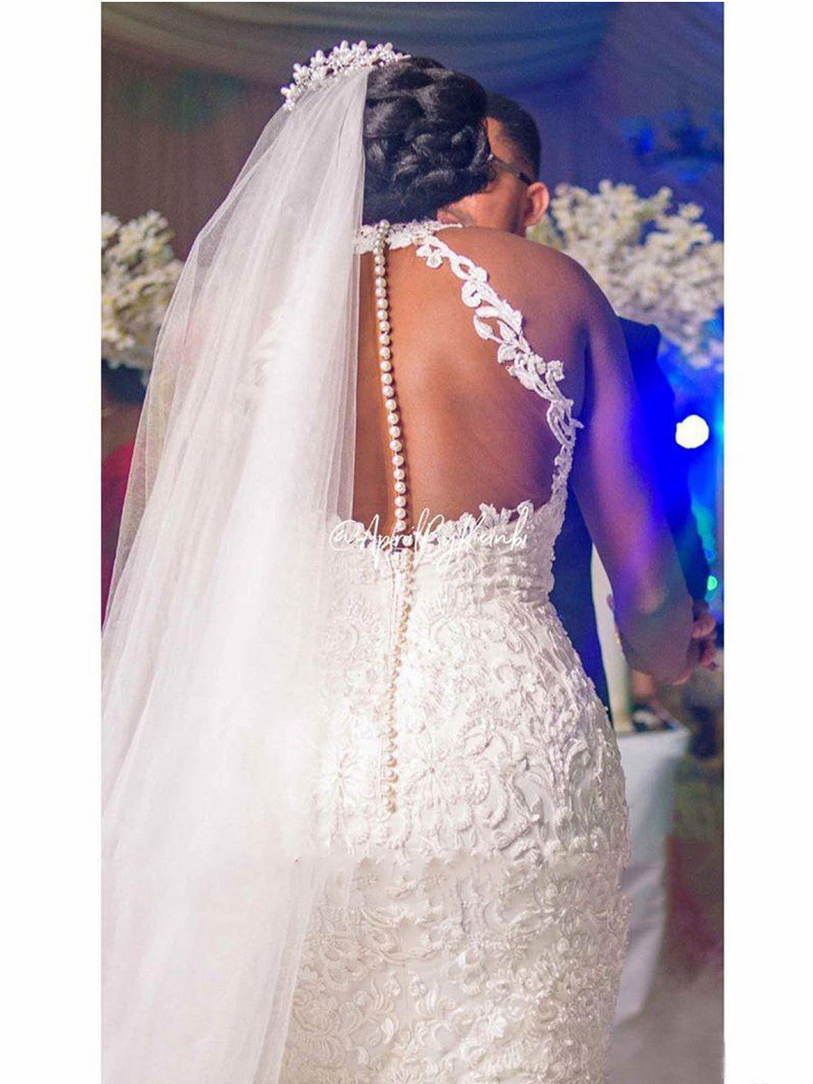Vintage Lace Beaded Wedding Dresses Sheer Neck Mermaid Bridal Dress Sexy Cheap Wedding Gowns | Vintage Lace Beaded Wedding Dress