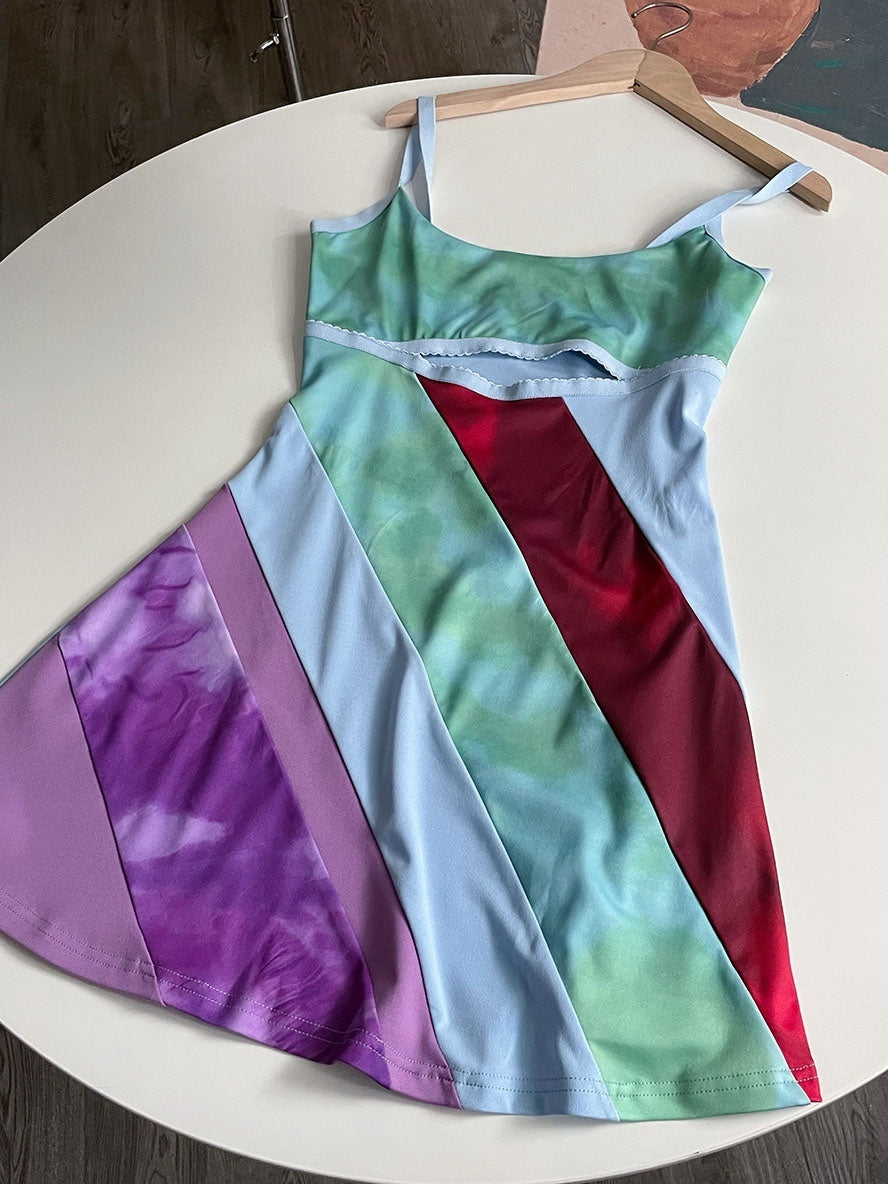 Y2K Aesthetic Patchwork Front Cut Out Stripe Spaghetti Strap Sexy Rave Party Dresses