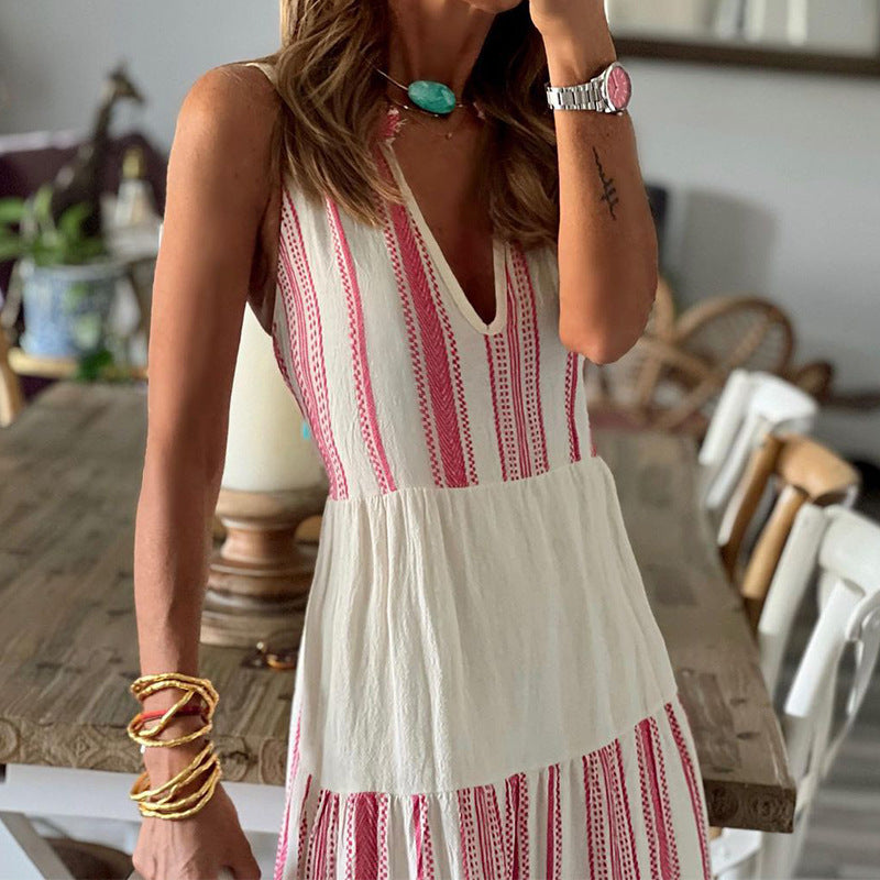 Striped Printed V-neck Sleeveless Maxi Dress