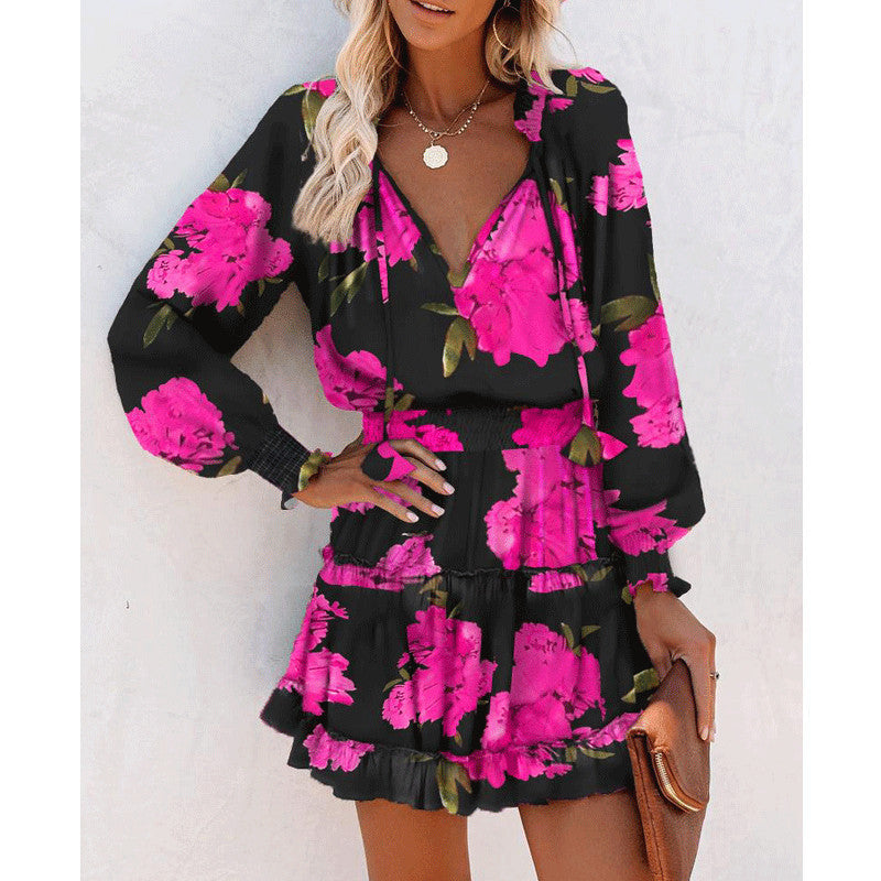 Bohemian Floral Print Puff Sleeve Dress – Tie Waist Casual Chic