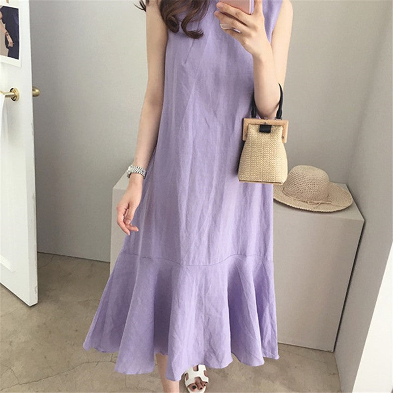 Taro Purple Linen Dress Casual Sleeveless Loose Slimming Fishtail