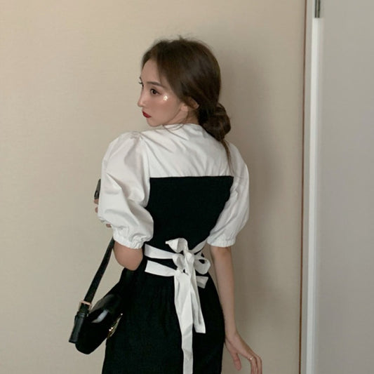 Temperament back tie waist puff sleeve dress