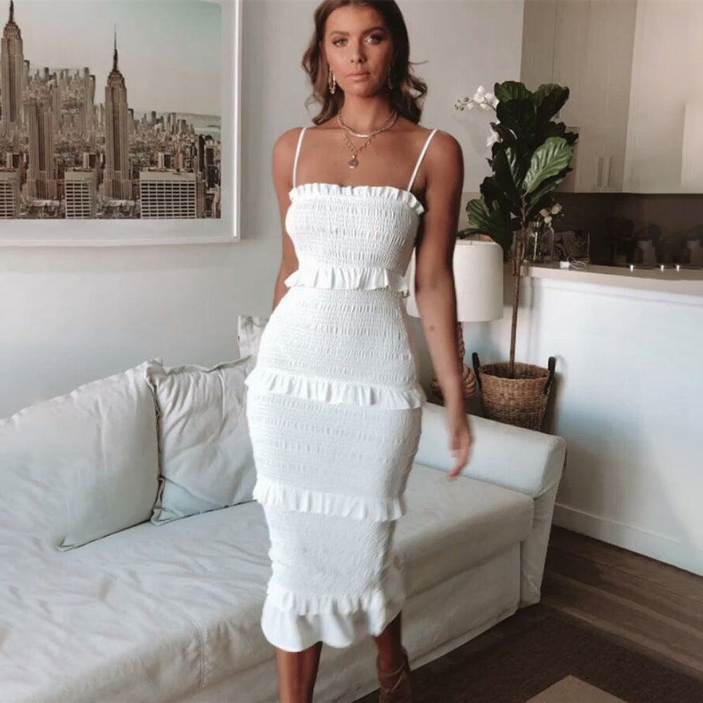 Elegant Spaghetti Strap Pleated Cake Maxi Dress