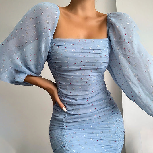 Lantern Sleeve Cottage corn Floral Print Mini Dress Bodycon Sexy Backless Mesh Ruched Women Dresses