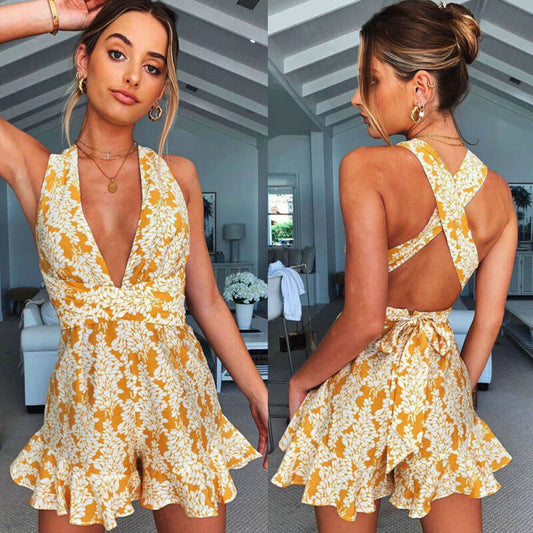 Open Back Dresses Women Short Jumpsuit Ladies Deep v Clothes