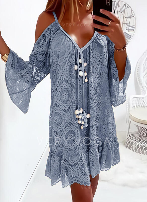 Mid-Length Casual Lace Dress With Flared Sleeves