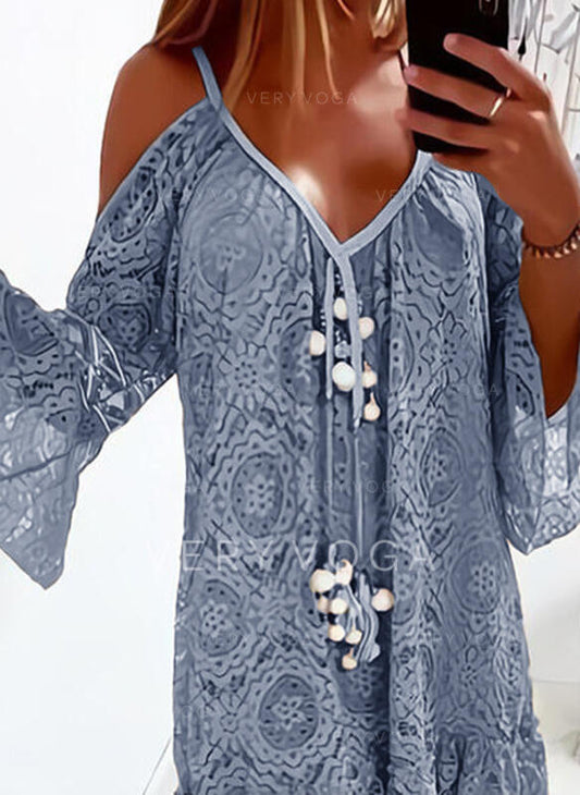 Mid-Length Casual Lace Dress With Flared Sleeves