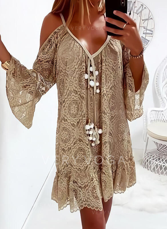 Mid-Length Casual Lace Dress With Flared Sleeves