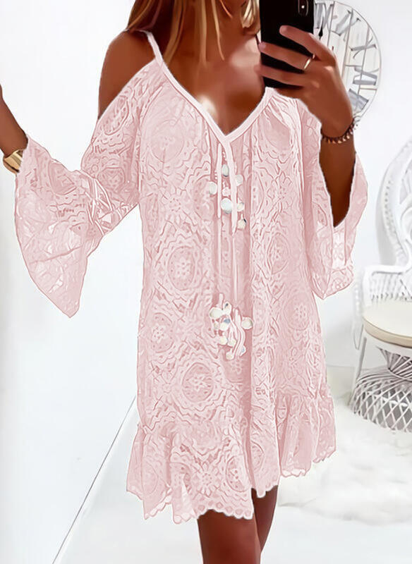 Mid-Length Casual Lace Dress With Flared Sleeves