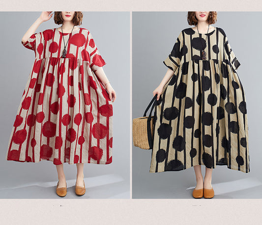 Curvy Girl  Vintage Polka Dot Simmer Dress Cotton Casual Ladies Dresses for Women 4XL 5XL 6XL Robe Femme Red Long Dress