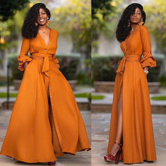 Stylish Foxy V Neck Full Sleeve Womens  Button Up Maxi Dress with Belt