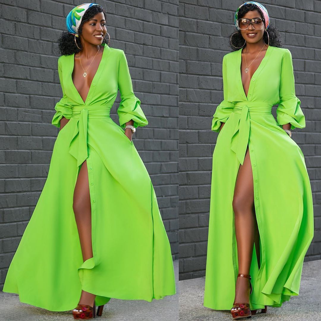 Stylish Foxy V Neck Full Sleeve Womens  Button Up Maxi Dress with Belt