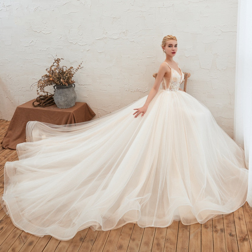 Starry Dream Chiffon Backless Long-Tail Bridal Gown – Luxury Wedding Dress