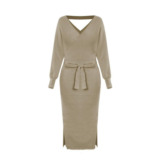 Cross V-neck Knitted Mid-length Slim Dress