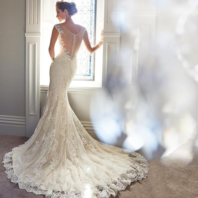 Mermaid Tail bridal Gown Elegant Lace Mermaid Wedding Dress with Shawl Bridal Wedding Dress