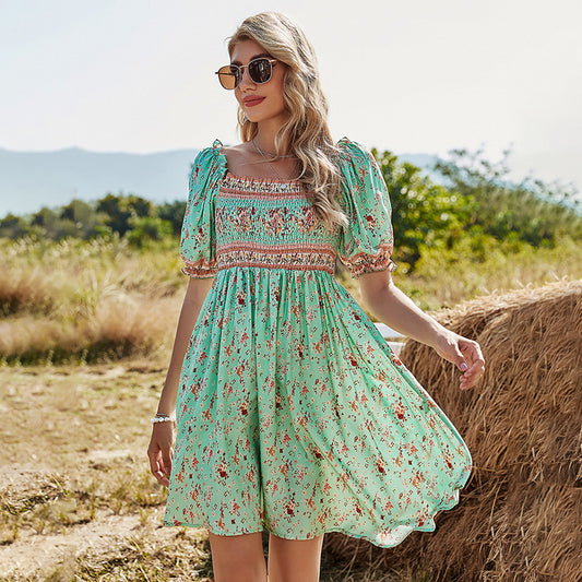 Stitching Lace Mid-length Skirt Floral Dress