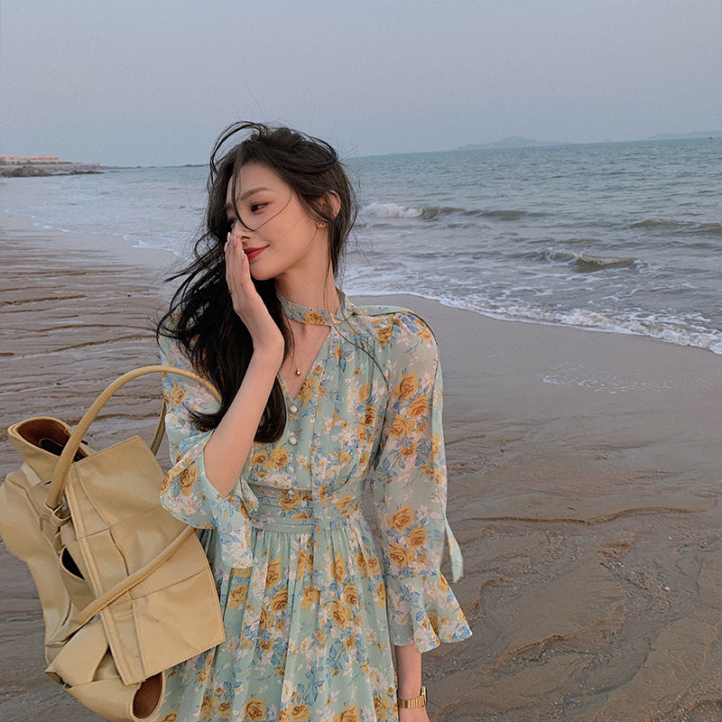 Spring And Summer Lace Chiffon Floral Blouse Mid-Length Dress Female Slim Suspender Skirt