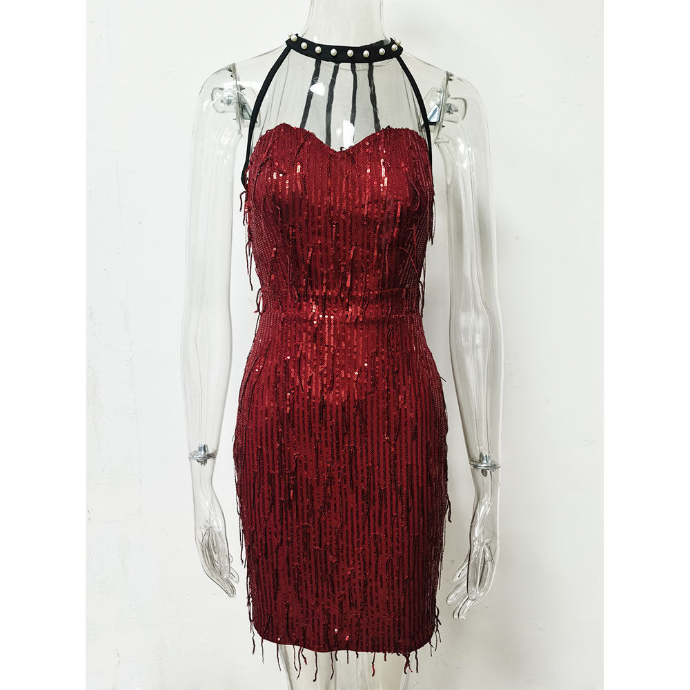 Summer European And American New Style Women'S Mesh Stitching Sleeveless Round Neck Beaded Tassel Sequin Sexy Dress Dress