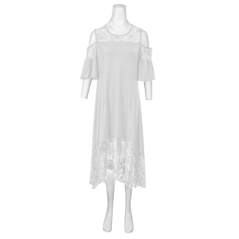 Butterfly Sleeve Mid-calf Dress Women Sexy Cold Shoulder Dress Lace Stitching Ladies Dresses Spring Female Vestido