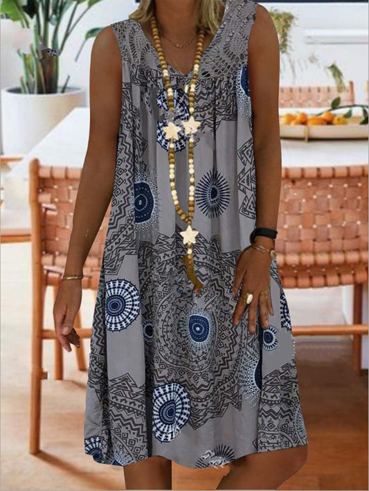 Printed Deep V-neck Sleeveless Mid-length Dress