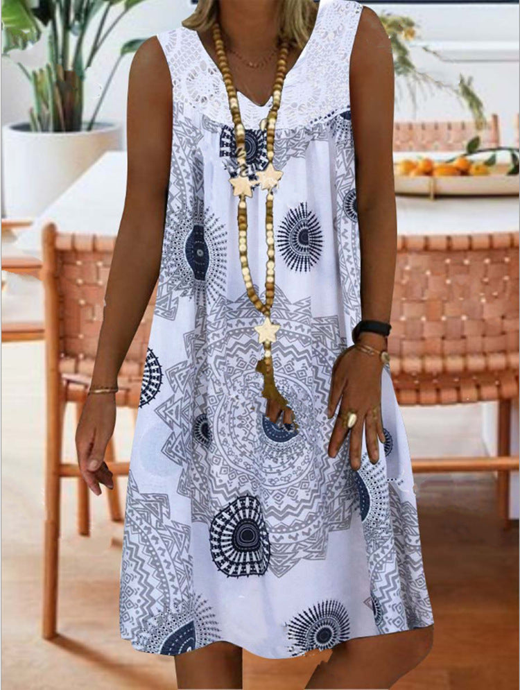 Printed Deep V-neck Sleeveless Mid-length Dress
