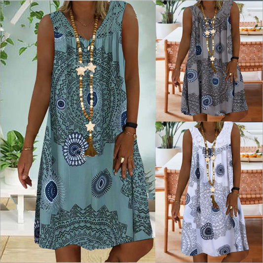 Printed Deep V-neck Sleeveless Mid-length Dress