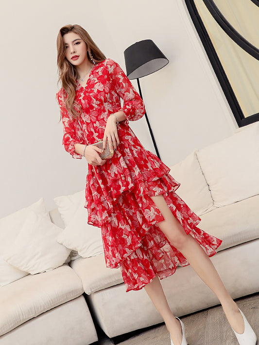 Irregular V-neck Chiffon Floral Dress Mid-length