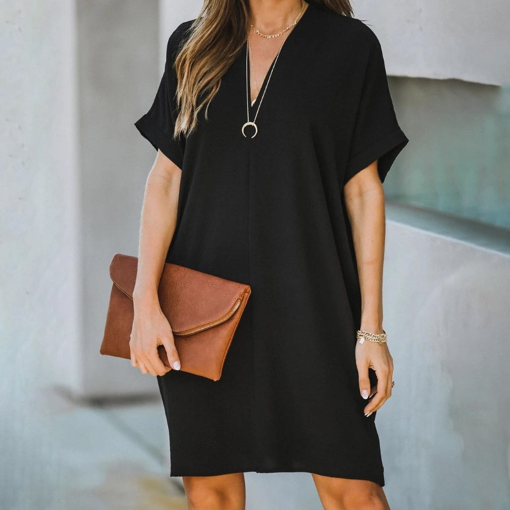 Casual European Style Plus V-neck Loose Dress