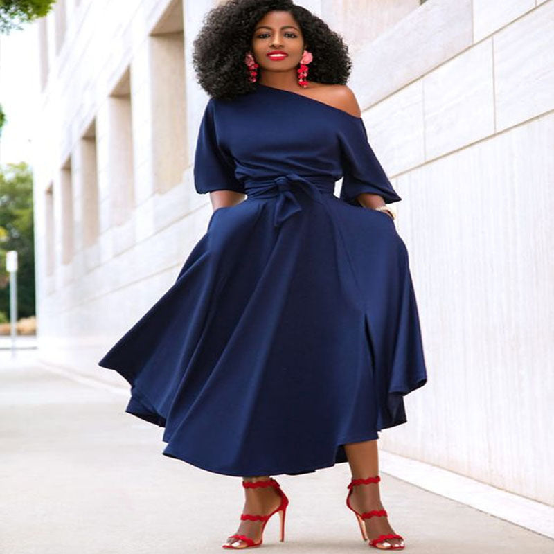 One-Shoulder Lace-Up Waist Mid-Length Dress