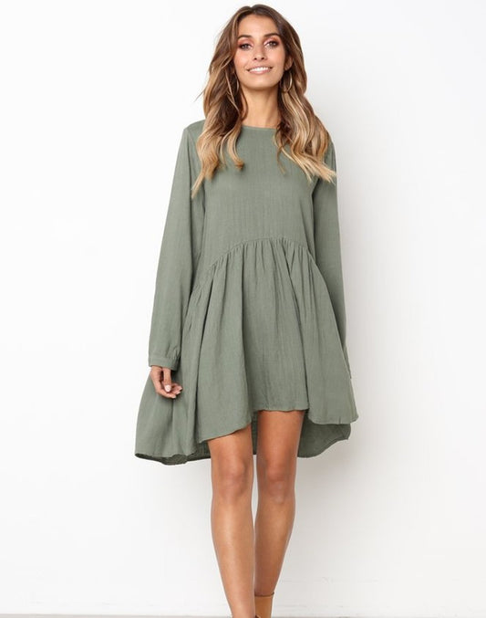 Round neck long sleeve cotton and linen skirt
